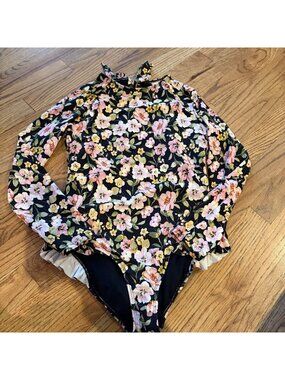 GB GIRLS LONG SLEEVE FLORAL ONE PIECE BATHING SUIT SIZE 16